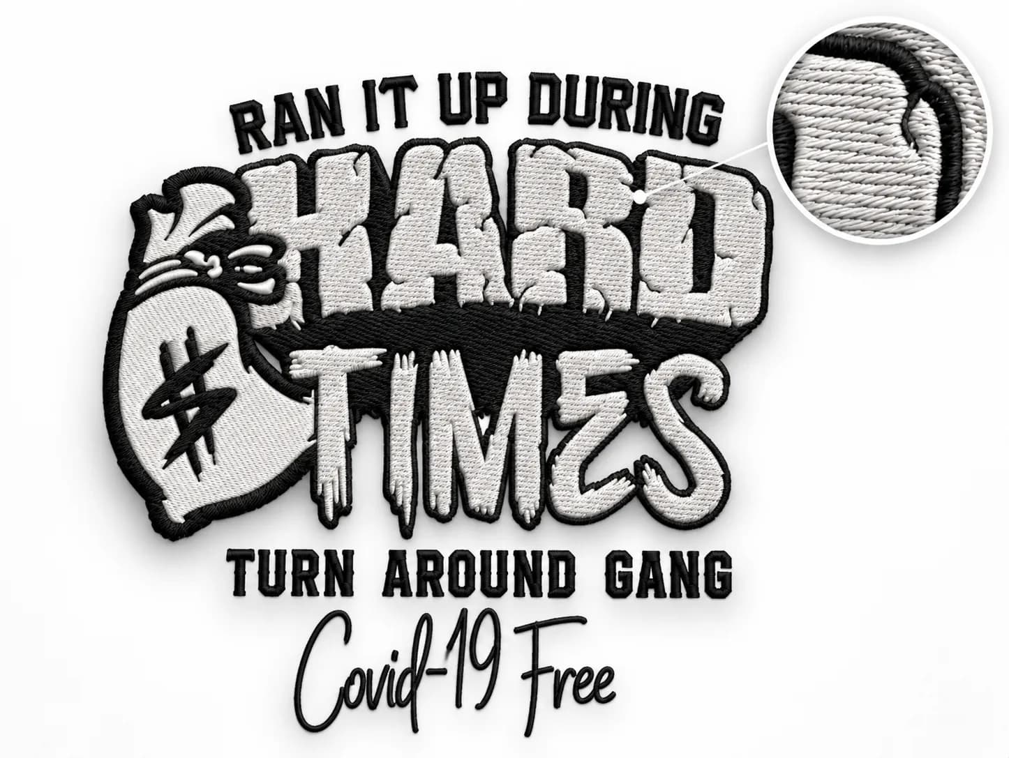Black and white Hard Times lettering with stitch-detail inset