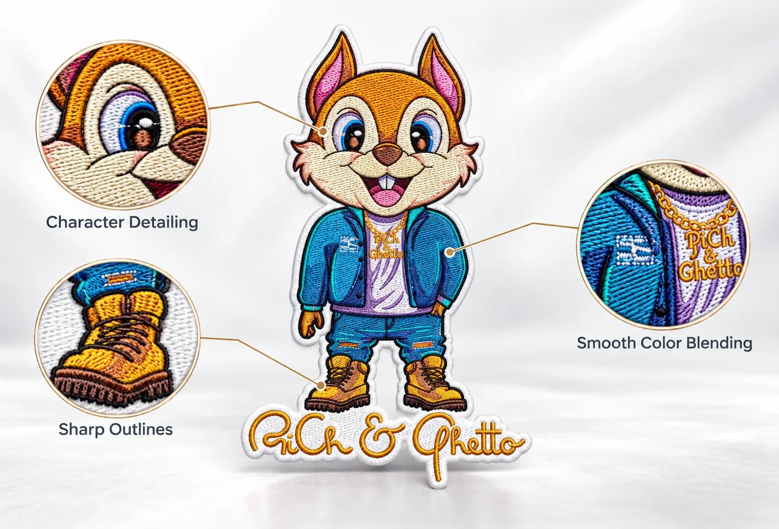 Two cartoon chipmunks with embroidery-detail insets