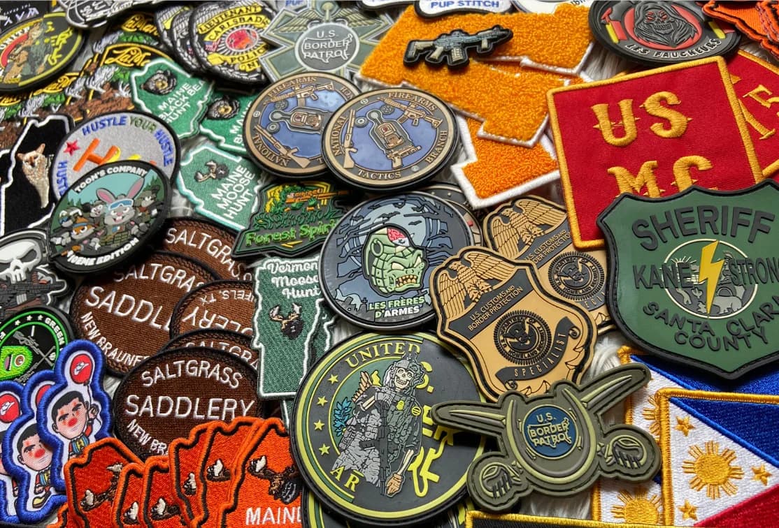 Close-up collection of assorted insignia patches