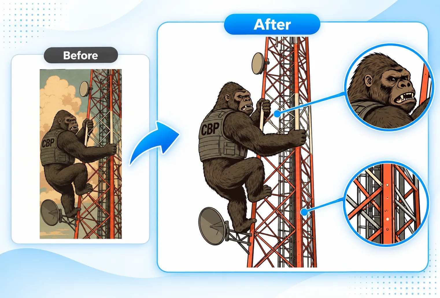 Before and after comparison of a gorilla climbing a tower