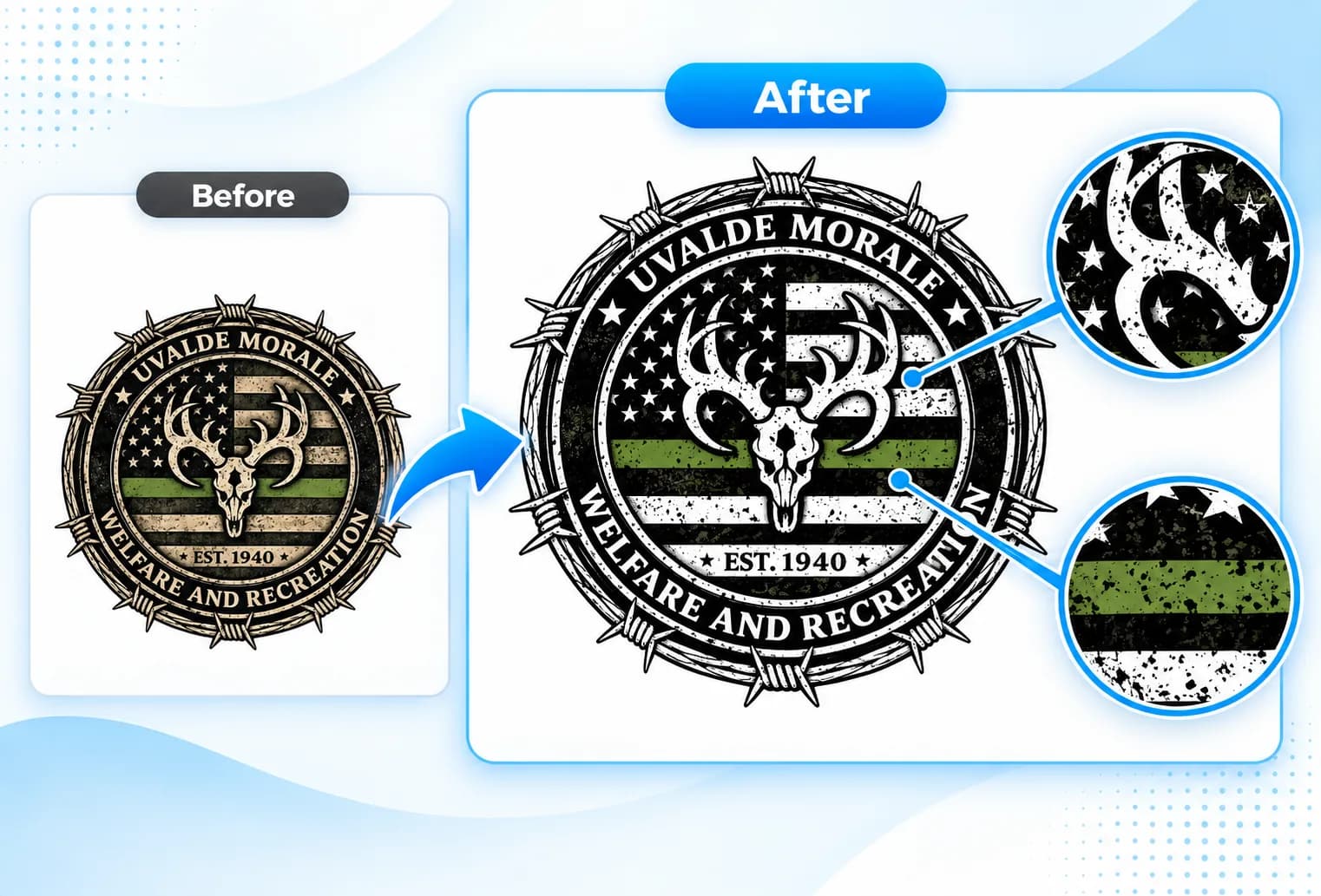 Before and after comparison of the Uvalde Morale emblem