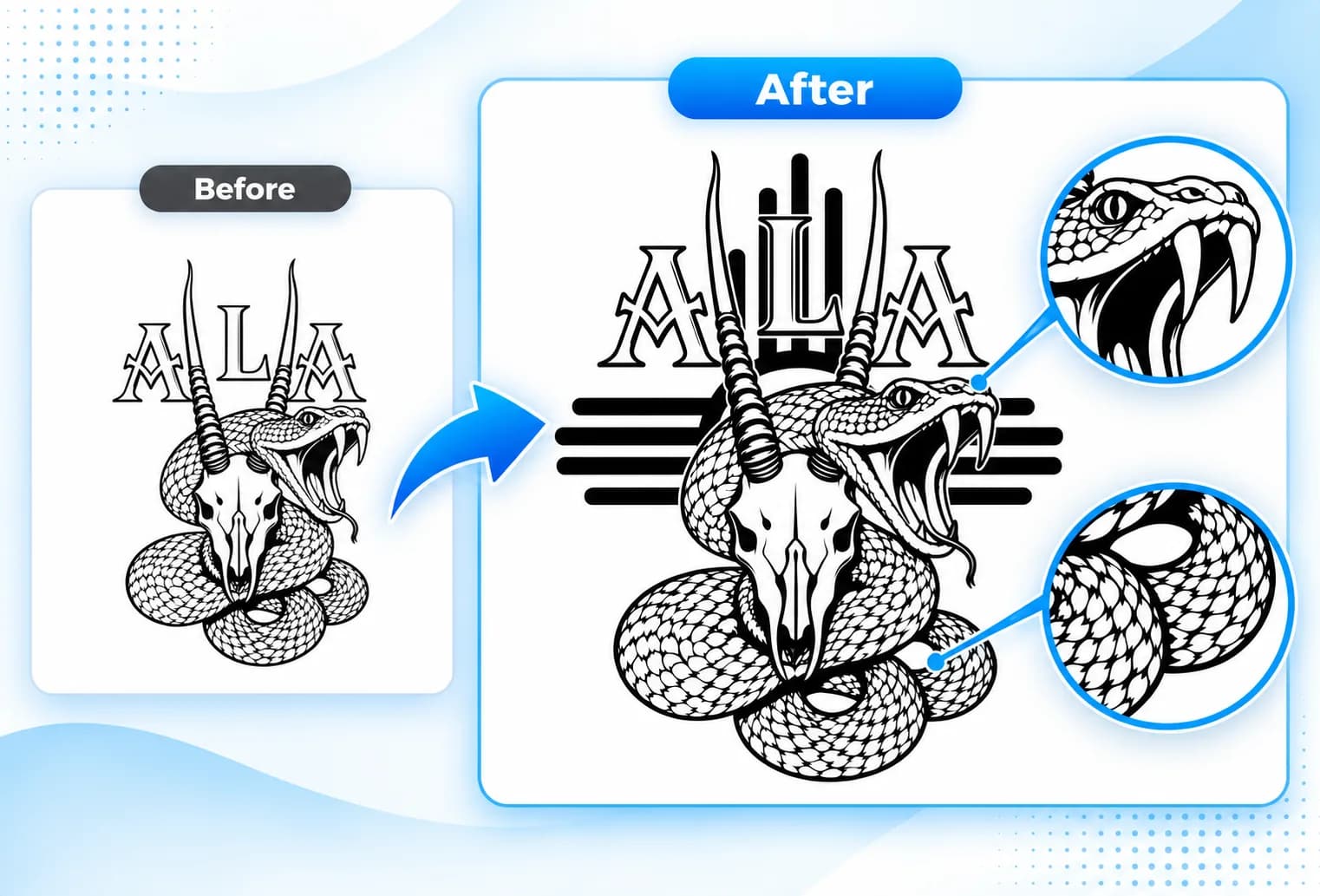 Before and after comparison of a snake and horned skull illustration