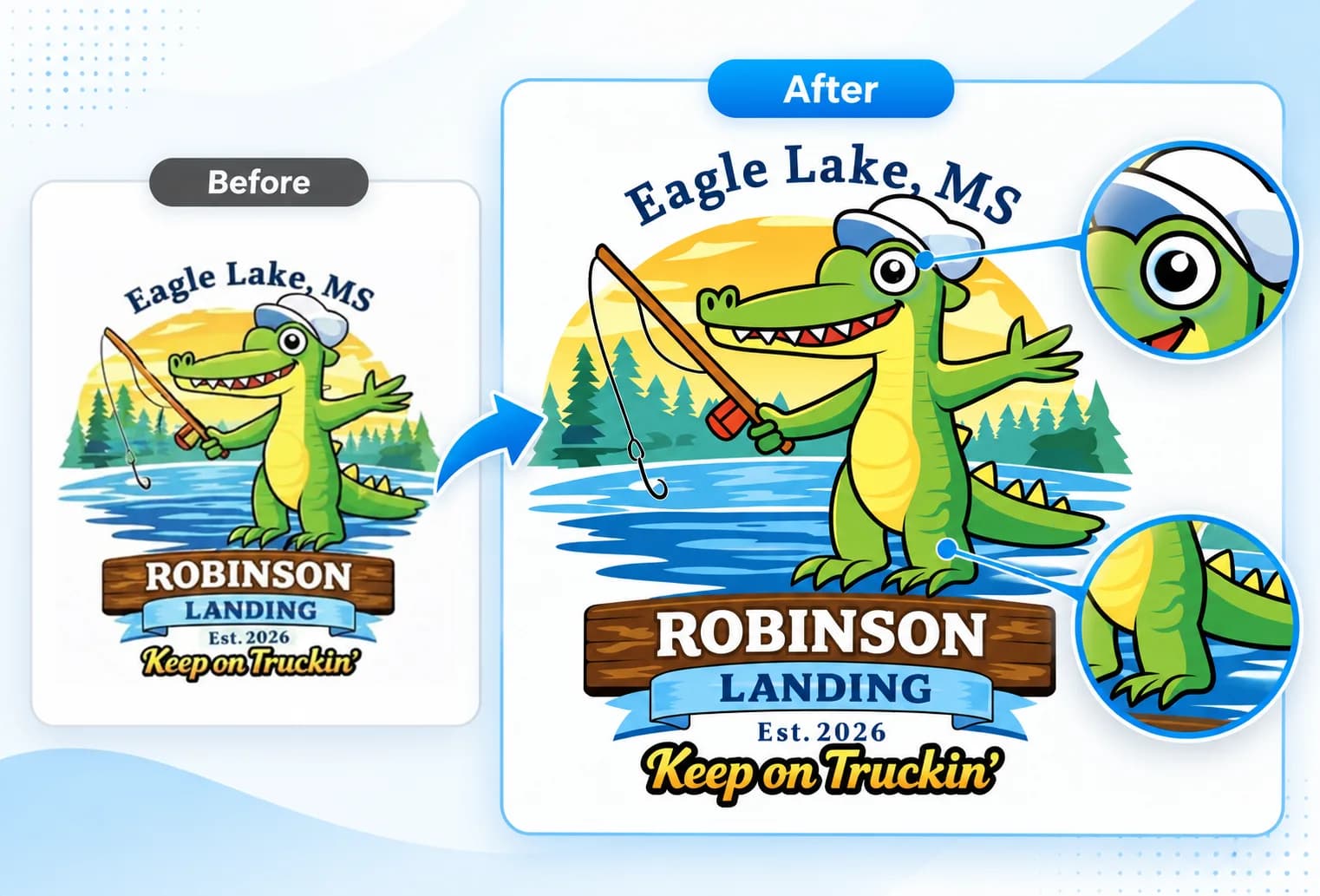 Before and after comparison of the Robinson Landing fishing alligator logo