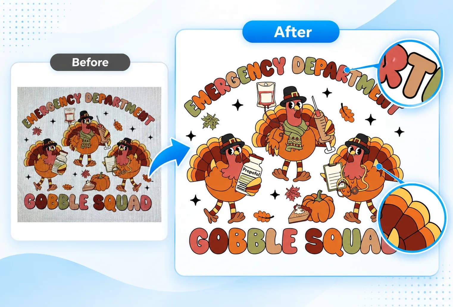 Before and after comparison of Emergency Department Gobble Squad turkey artwork