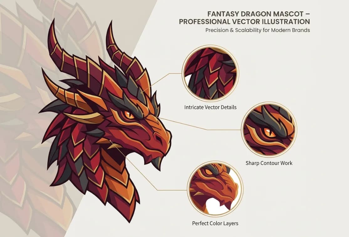 Red and gold dragon-head illustration with detail insets