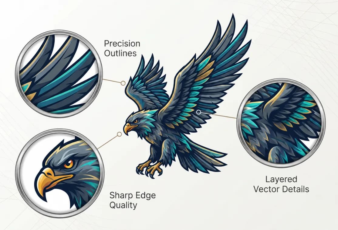 Blue-toned flying eagle illustration with detail insets